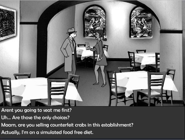 A Case of the Crabs! (Browser) screenshot: Talking to a waitress in the Blue Crab