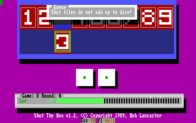 MicroLink Shut the Box (DOS) screenshot: Oops!