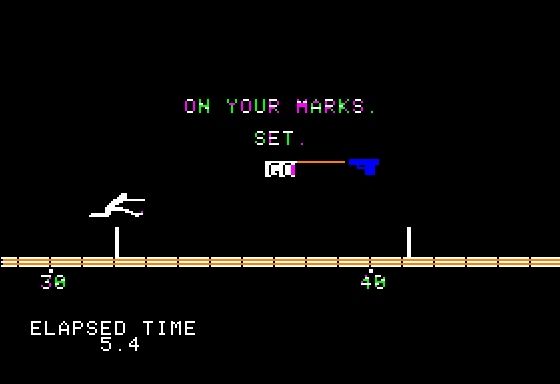 Olympic Decathlon (Apple II) screenshot: Jumping a hurdle