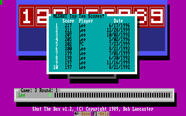 MicroLink Shut the Box (DOS) screenshot: The game tracks the top ten scores.
