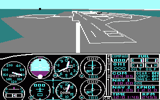 Microsoft Flight Simulator (v2.0) (PC Booter) screenshot: Behind view of Meigs takeoff