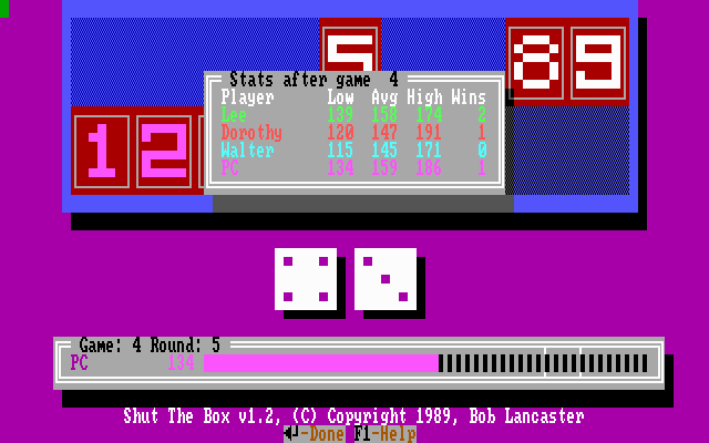 MicroLink Shut the Box (DOS) screenshot: The game tracks statistics for the current set of games.