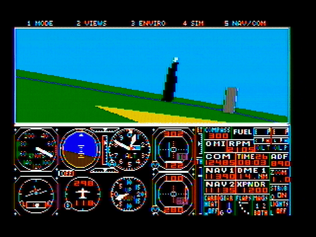 Microsoft Flight Simulator (v3.0) (DOS) screenshot: Flying around (CGA Composite mode)