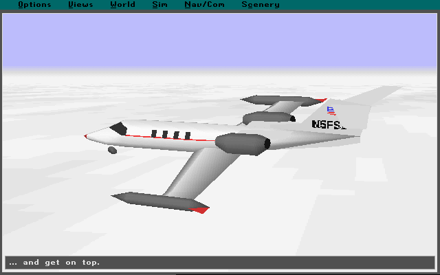 Microsoft Flight Simulator (v5.0) (DOS) screenshot: LearJet above the clouds