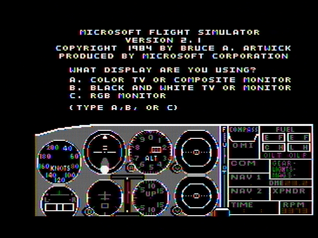 Microsoft Flight Simulator (v2.0) (PC Booter) screenshot: Title screen (CGA Composite mode)