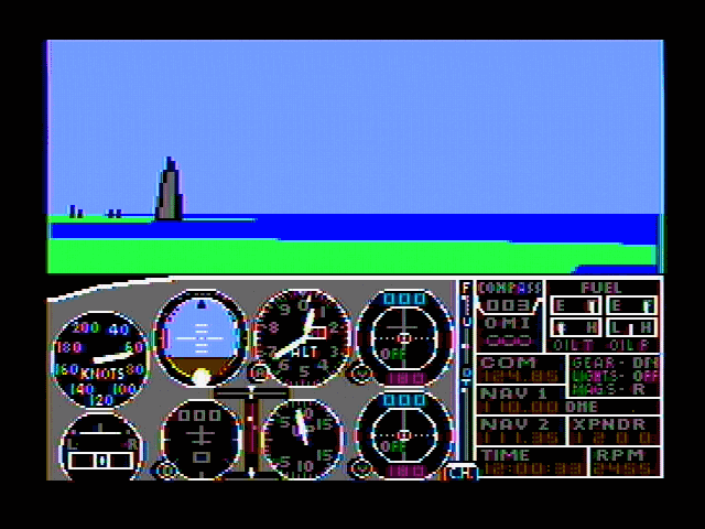 Microsoft Flight Simulator (v2.0) (PC Booter) screenshot: Just taking off... (CGA Composite mode)