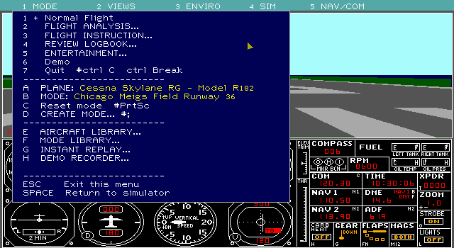 Microsoft Flight Simulator (v4.0) (DOS) screenshot: A Pull-Down Menu