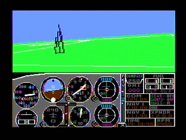 Microsoft Flight Simulator (v2.0) (PC Booter) screenshot: A flight in progress (CGA Composite mode)