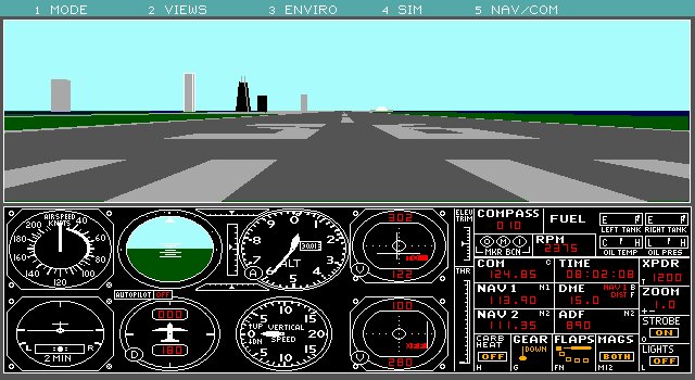 Microsoft Flight Simulator (v3.0) (DOS) screenshot: Ready for takeoff! (EGA/VGA 640x350 16 color)