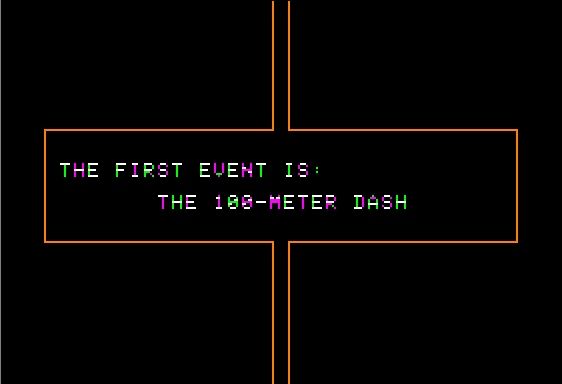 Olympic Decathlon (Apple II) screenshot: Announcing the first event