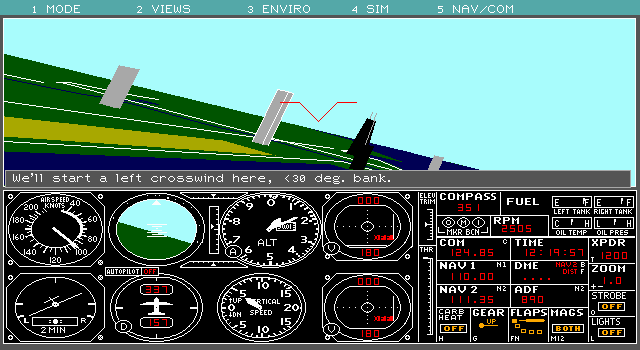 Microsoft Flight Simulator (v3.0) (DOS) screenshot: Some flying lessons (EGA/VGA 640x350 16 color)