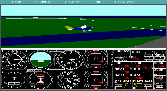 Microsoft Flight Simulator (v3.0) (DOS) screenshot: An external view of the plane (EGA/VGA 640x350 16 color)