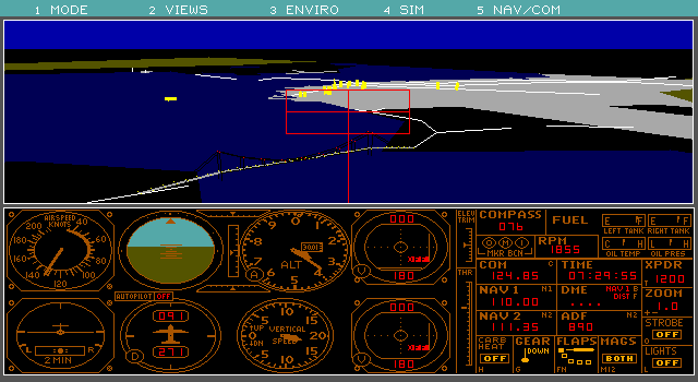 Microsoft Flight Simulator (v3.0) (DOS) screenshot: The Golden Gate bridge at dawn (EGA/VGA 640x350 16 color)
