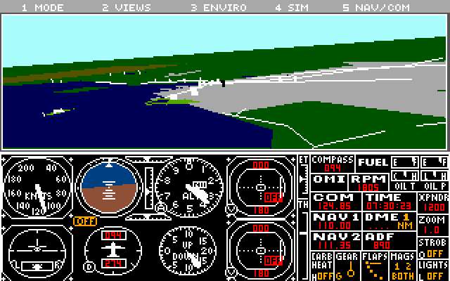 Microsoft Flight Simulator (v3.0) (DOS) screenshot: Flying over San Francisco (MCGA 320x200 256 color)