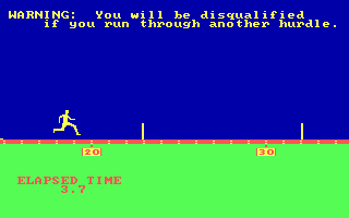 Olympic Decathlon (PC Booter) screenshot: Having some trouble with the hurdles...(CGA with RGB monitor)