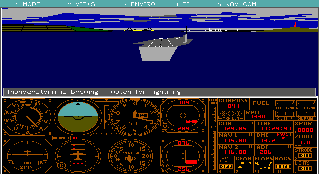 Microsoft Flight Simulator (v4.0) (DOS) screenshot: Stormy aircraft carrier approach