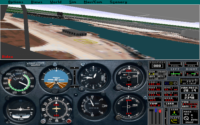 Microsoft Flight Simulator (v5.0) (DOS) screenshot: Meigs takeoff, left rear view