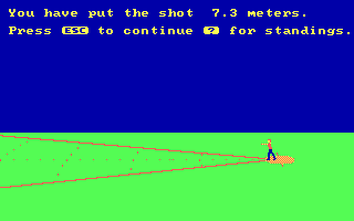 Olympic Decathlon (PC Booter) screenshot: Shot put results (CGA with RGB monitor)