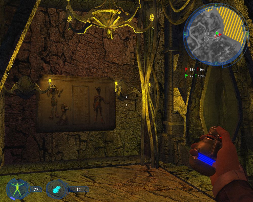 The Precursors (Windows) screenshot: It's always interesting to learn about different civilizations. For a moment I thought I'd just blow the whole place up with this EMP grenade