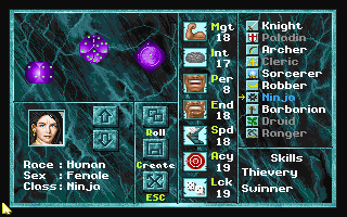 Might and Magic: Clouds of Xeen (DOS) screenshot: Character generation. Creating an excellent ninja is hard, ardous work...