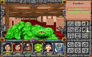 Might and Magic: Clouds of Xeen (DOS) screenshot: Indoor battle: Ridding the city of Vertigo of slimes and Breeders.