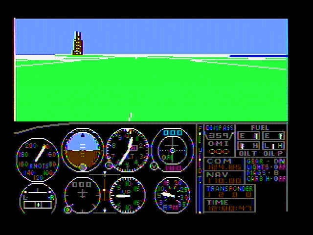 Microsoft Flight Simulator (v1.0) (PC Booter) screenshot: Ready for takeoff! (CGA Composite mode)