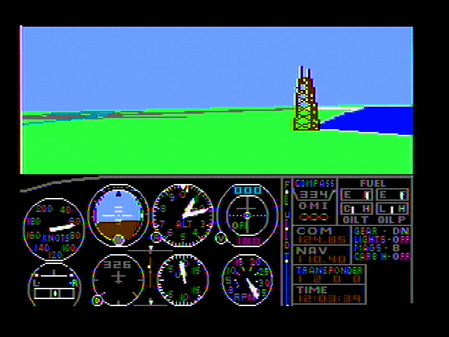 Microsoft Flight Simulator (v1.0) (PC Booter) screenshot: We are airborne! (CGA Composite mode)