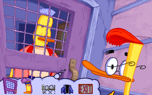 Duckman: The Graphic Adventures of a Private Dick (Windows) screenshot: Convince Ajax to let Duckman in the house