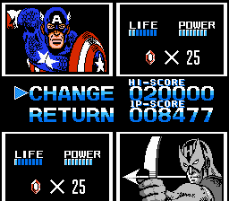 Captain America and the Avengers (NES) screenshot: The switch characters screen