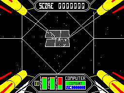 Starstrike II (ZX Spectrum) screenshot: Back to flying through the force field. Don't seem to get points for shooting these dancing squares.