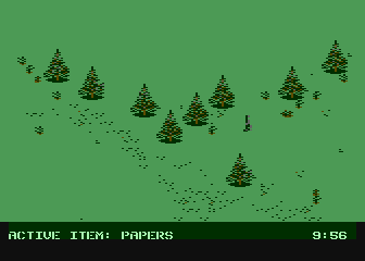 Infiltrator (Atari 8-bit) screenshot: Walking through the forest outside the enemy compound.