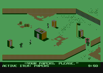 Infiltrator (Atari 8-bit) screenshot: Entering the enemy compound.