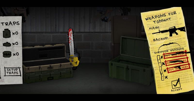 The Last Stand 2 (Browser) screenshot: The arsenal. You can place traps and assign weapon to your team mates.