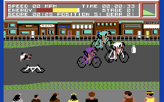 Milk Race (Commodore 64) screenshot: Drat, I crashed!