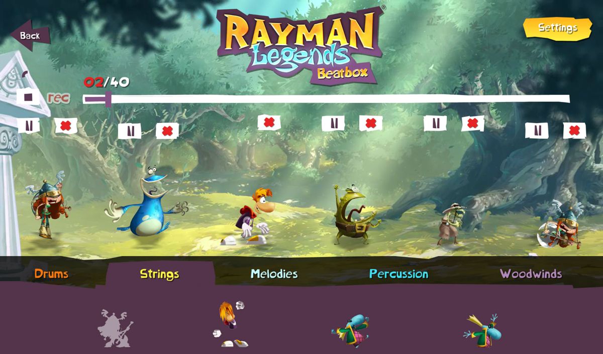Rayman Legends: Beatbox (Android) screenshot: A recording in progress with six samples