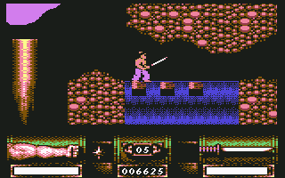 First Samurai (Commodore 64) screenshot: Using logs to cross the waterfall