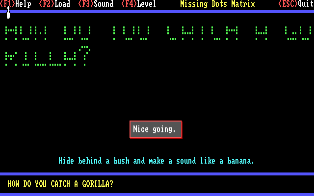 Missing Dots Matrix (DOS) screenshot: A solved riddle puzzle