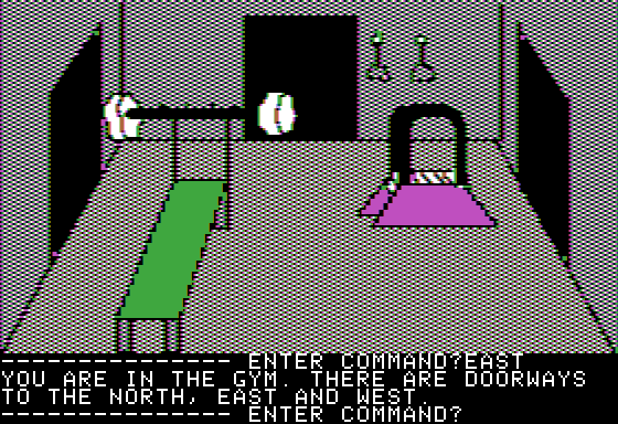 Hi-Res Adventure #0: Mission Asteroid (Apple II) screenshot: The gymnasium