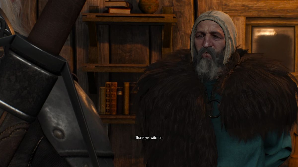 The Witcher 3: Wild Hunt - New Quest: "Contract: Missing Miners" (PlayStation 4) screenshot: Accepting the contract to find the missing miners from Giarr, the village elder