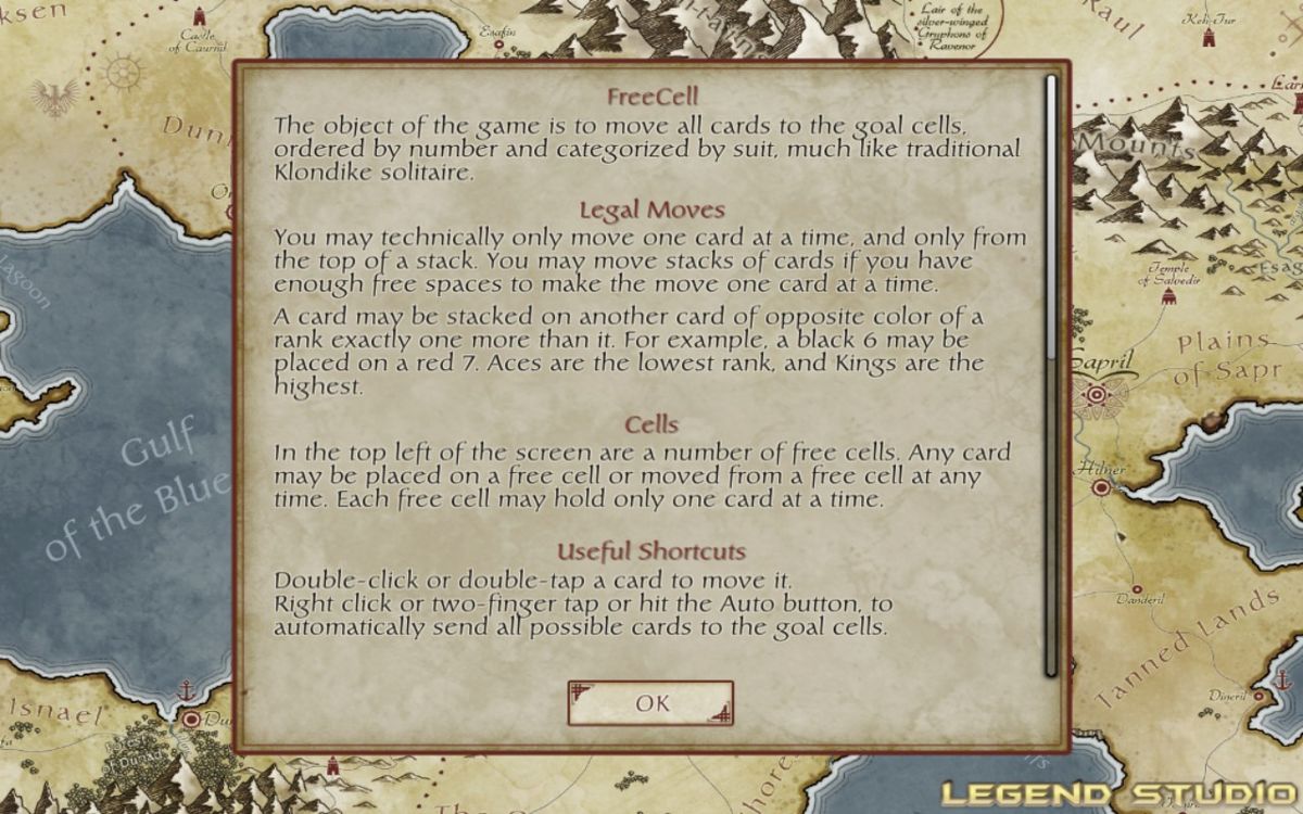 FreeCell Quest (Macintosh) screenshot: Rules for the game