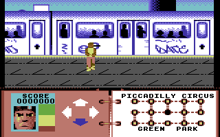 Subway Vigilante (Commodore 64) screenshot: Exploring London subway station