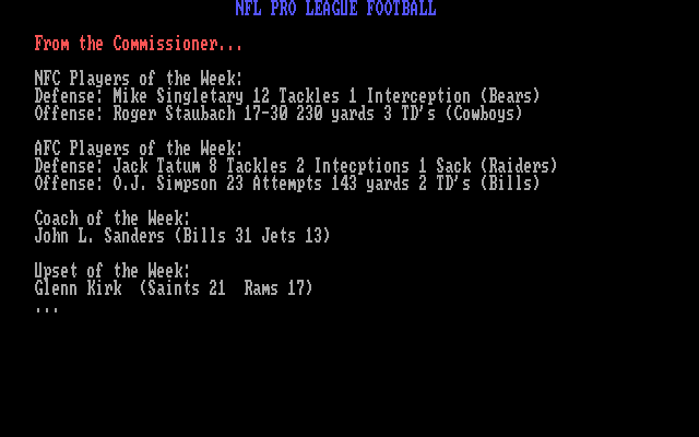 NFL Pro League Football (DOS) screenshot: From the commissioner...