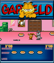 Garfield: Robocats from Outer Space! (J2ME) screenshot: Second level with bigger robot cats. There is a weapon to the left.