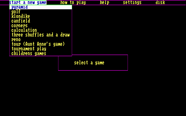 Solitaire Royale (DOS) screenshot: Main menu (EGA)