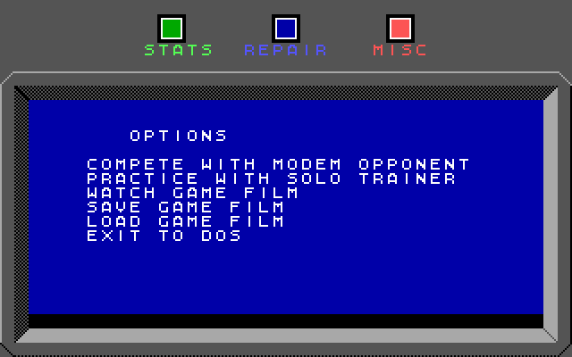 Modem Wars (DOS) screenshot: Main menu (EGA 16 color)