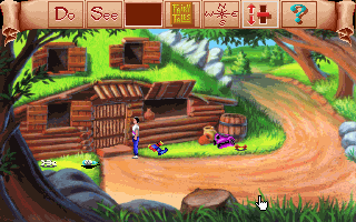 Mixed Up Fairy Tales (DOS) screenshot: The Seven Dwarves' accommodations seem to have gone downhill since King's Quest 4. (MCGA/VGA)