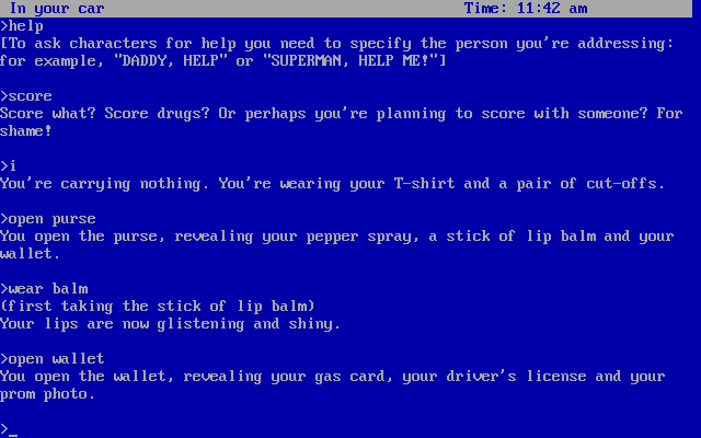 I-0: Jailbait on Interstate Zero (DOS) screenshot: Some common commands