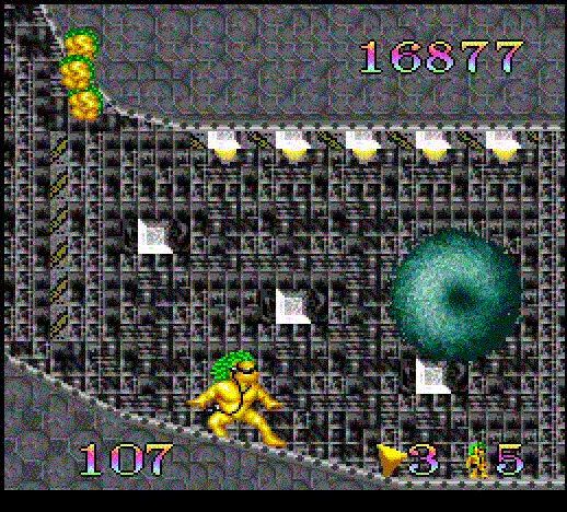 Mo Hawk & Headphone Jack (SNES) screenshot: Dude slides into the end-of-level goal like a gnarly skimboarder.