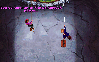 Monkey Island 2: LeChuck's Revenge (DOS) screenshot: Guybrush and Elaine have a long conversation at the beginning