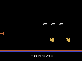 Out of Control (Atari 2600) screenshot: If I go to far off course, my ship turns red until I get back in the race.